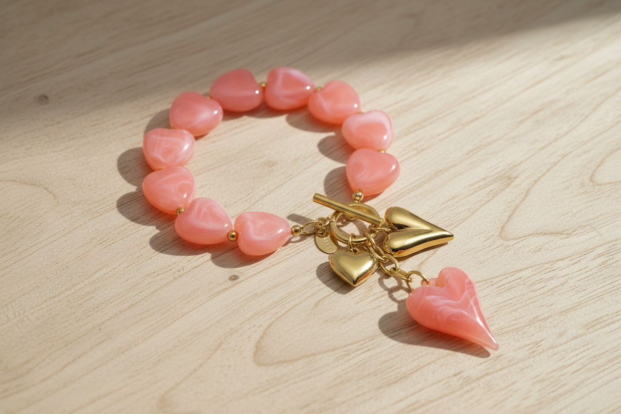 Beaded bracelet with hanging heart charms