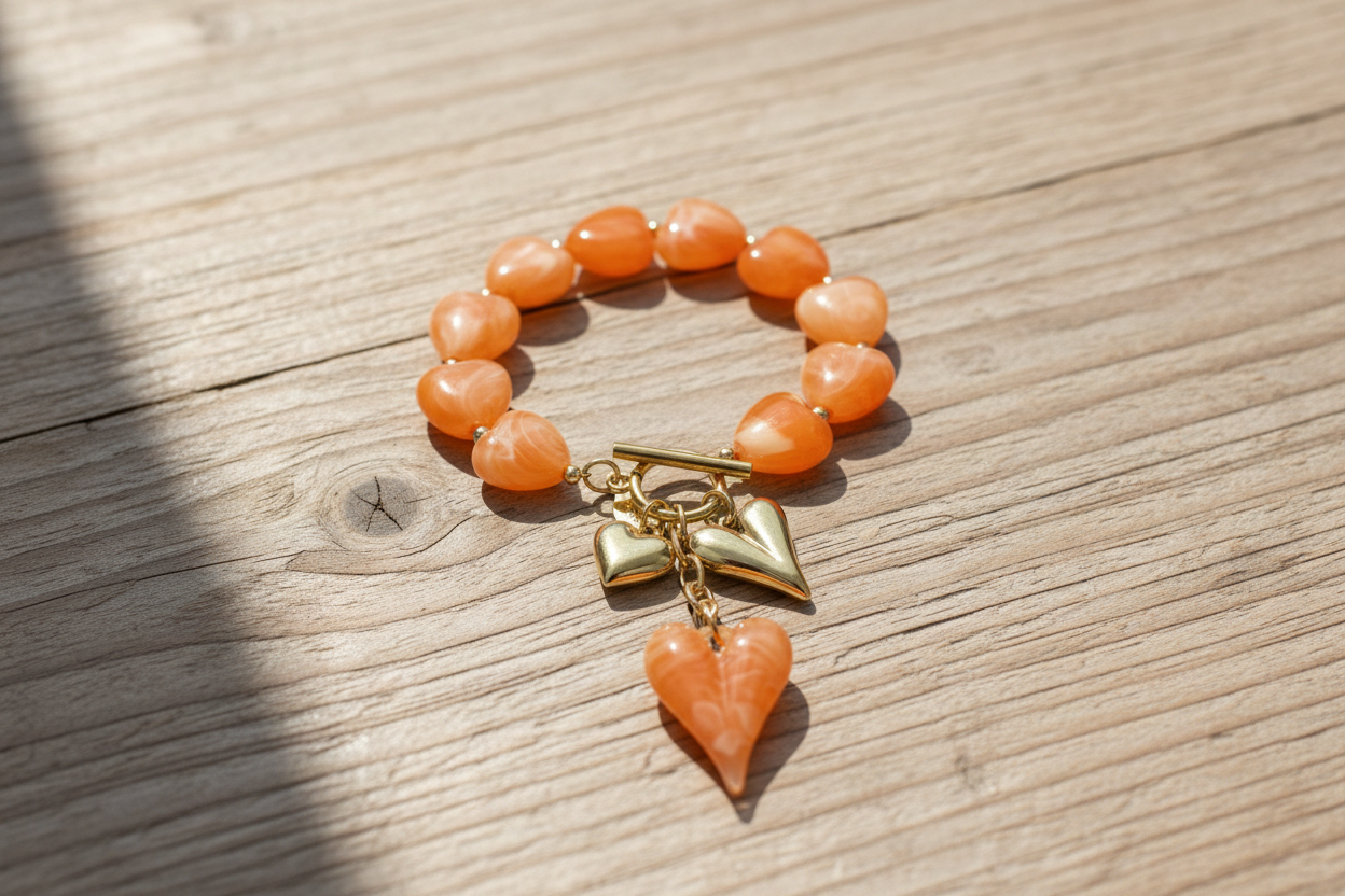 Beaded bracelet with hanging heart charms