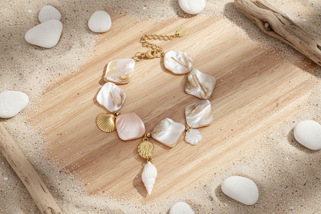 Bracelet with shells and sea charms beige