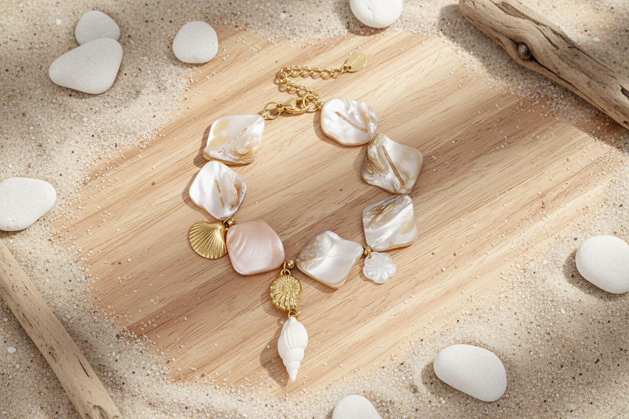 Bracelet with shells and sea charms beige