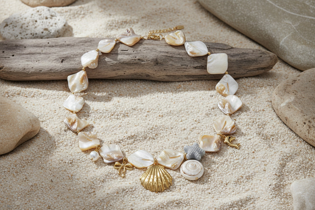 Ketting met kralen van zeeschelpen, schelpen, vakantie/strand, etnische serie, damessieraden