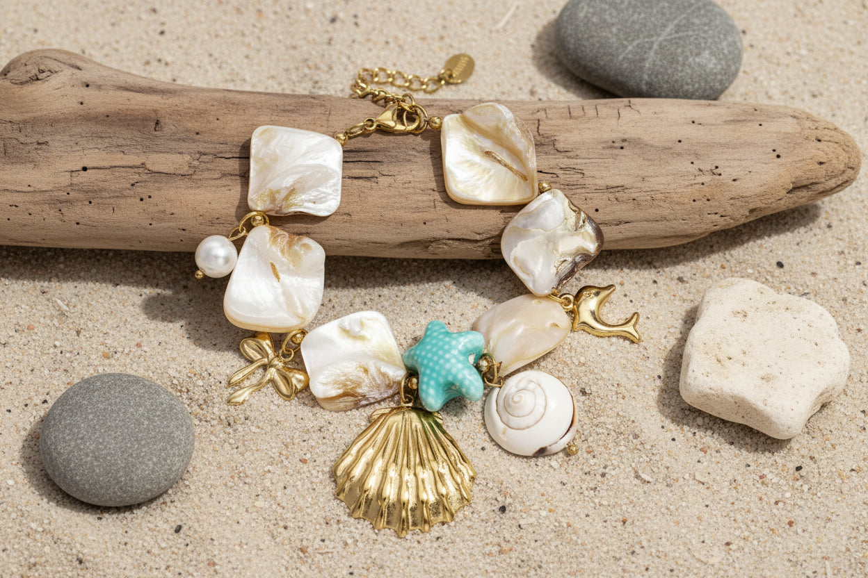 Bracelet with shells, sea charms, gold and blue beads