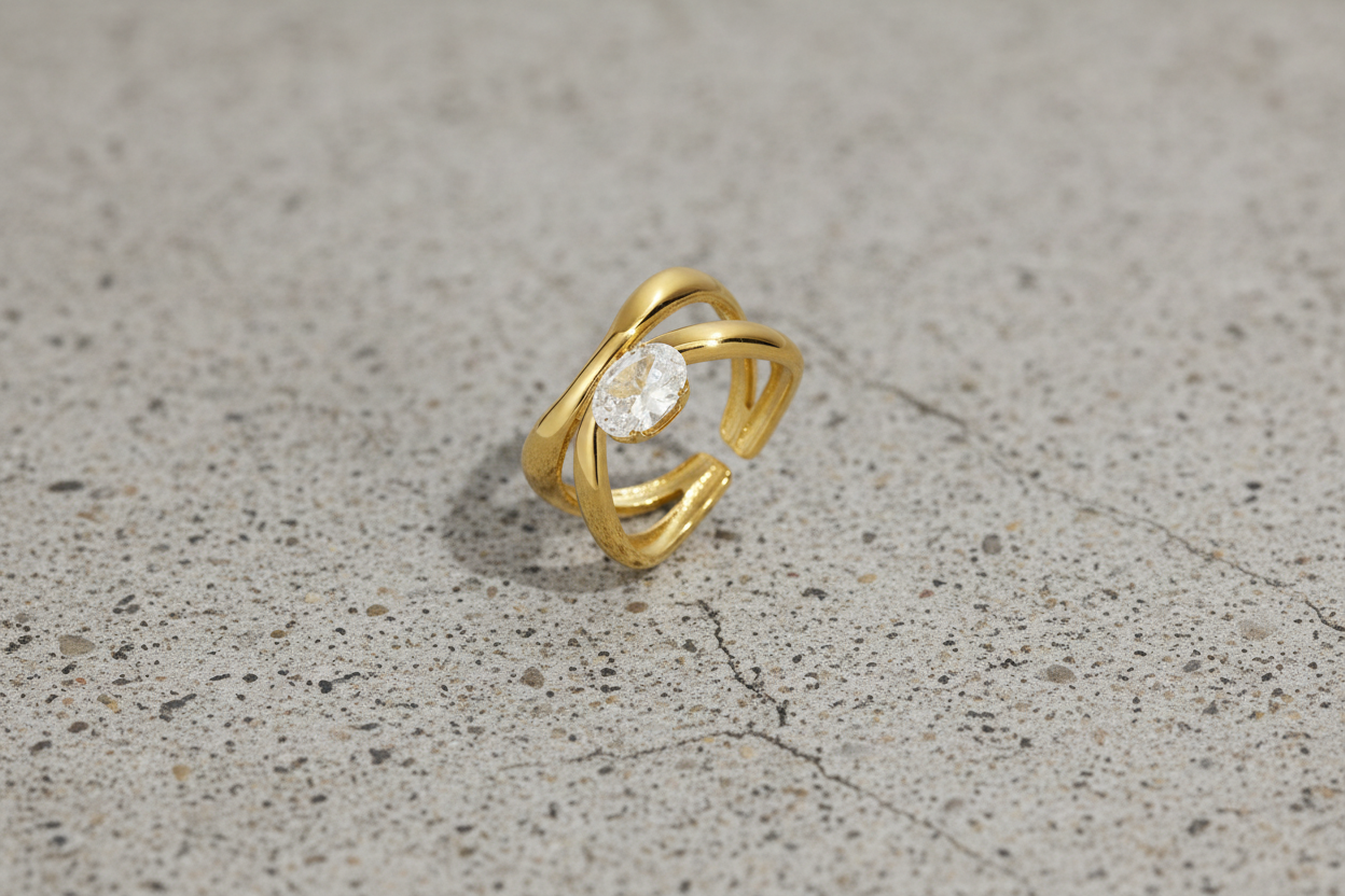 Stylish minimalist women's stainless steel ring with zirconium. Adjustable, hypoallergenic, and perfect for everyday use.